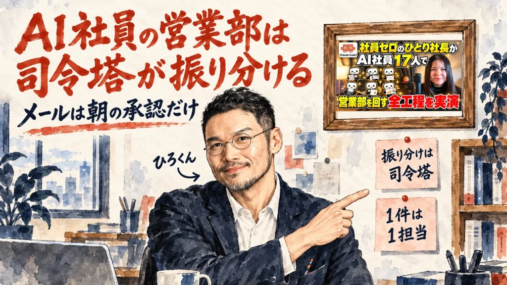 AI社員の営業部は司令塔が振り分け、メールは朝の承認だけと紹介するひろくんと、壁に動画のサムネイル