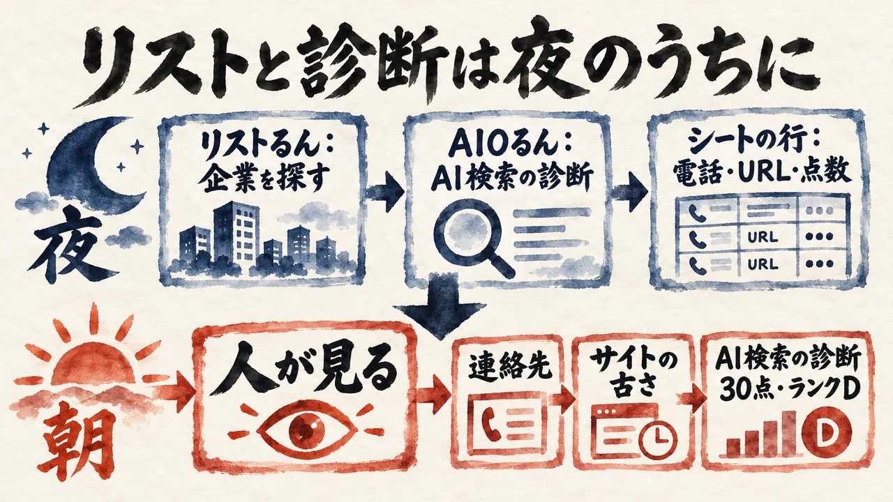 夜のうちにリストるんが企業を探し、AIOるんがAI検索を診断してシートの行に入れ、朝に人が連絡先・サイトの古さ・診断30点ランクDを見る流れを上下に分けた図解