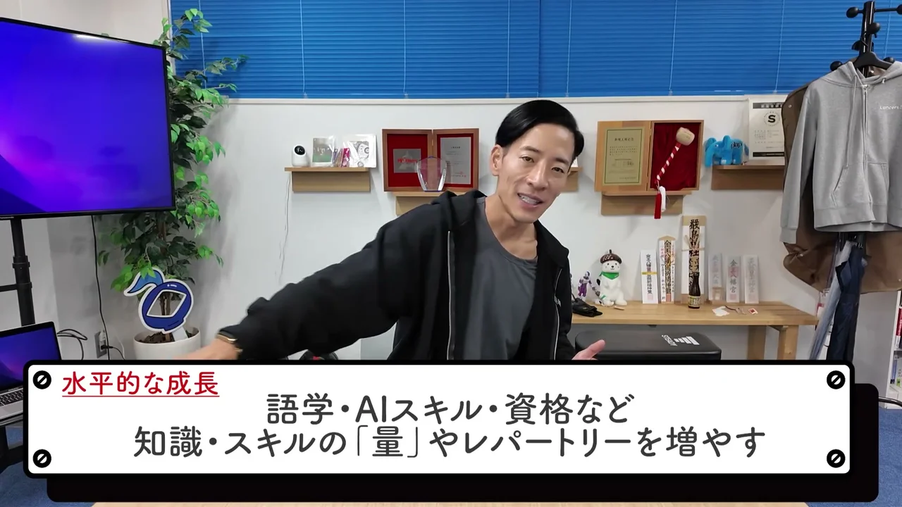 動画キャプチャ: テロップ「水平的な成長」と、語学・AIスキル・資格など、知識・スキルの量やレパートリーを増やす、という説明（1:09頃）