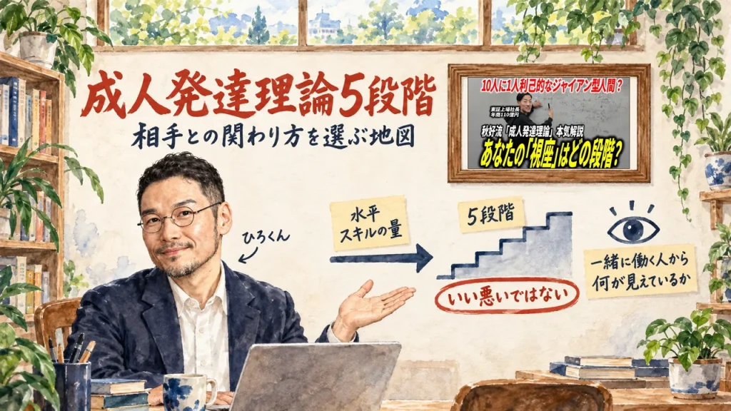 スキルの量を増やす水平の成長、5段階の階段といい悪いではないの帯、一緒に働く人から何が見えているかの目の図を、ひろくんが笑顔で紹介している。筆文字は成人発達理論5段階 相手との関わり方を選ぶ地図。壁に動画のサムネイル