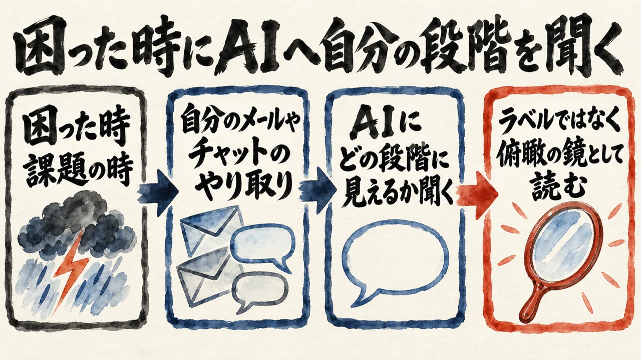 困った時・課題の時に、自分のメールやチャットのやり取りをAIに見せてどの段階に見えるかを聞き、ラベルではなく俯瞰の鏡として読む、4つの箱の流れの図解