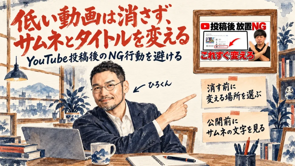 低い動画は消さず、サムネとタイトルを変えると伝えるひろくんと、壁に動画のサムネイル