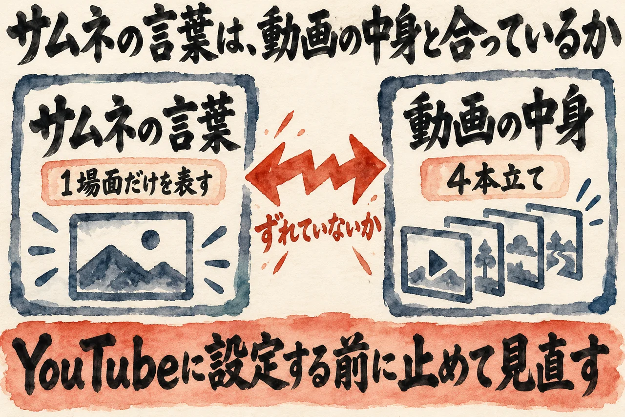 サムネの言葉は1場面だけを表し、動画の中身は4本立てで、ずれていないかをYouTubeに設定する前に止めて見直すと示した図解