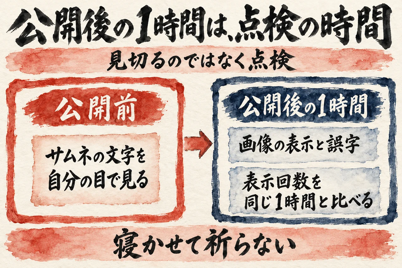 公開前にサムネの文字を自分の目で見ることと、公開後の1時間に画像の表示や誤字と表示回数を点検することを左右に並べた図解