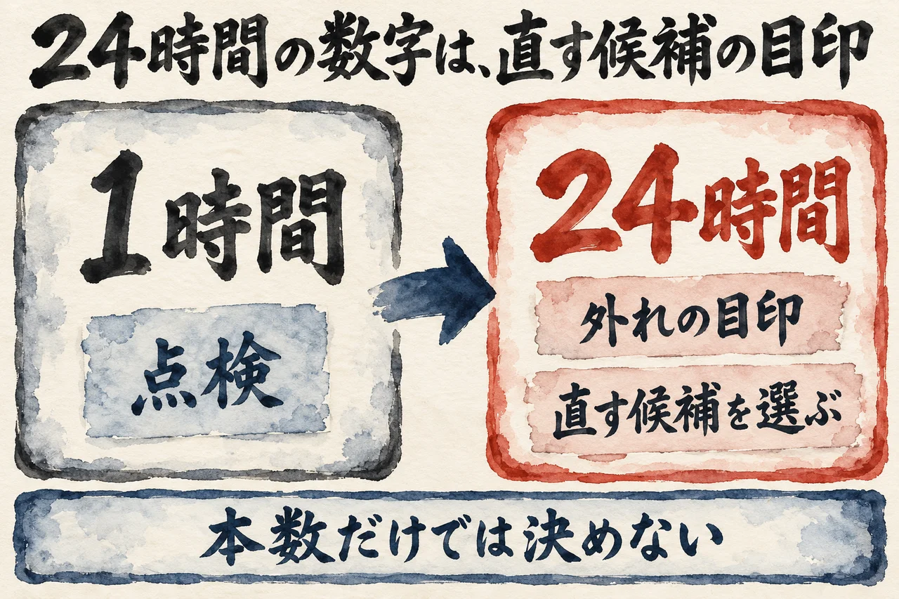1時間は点検、24時間は外れの目印として直す候補を選ぶことと並べ、本数だけでは決めないと示した図解