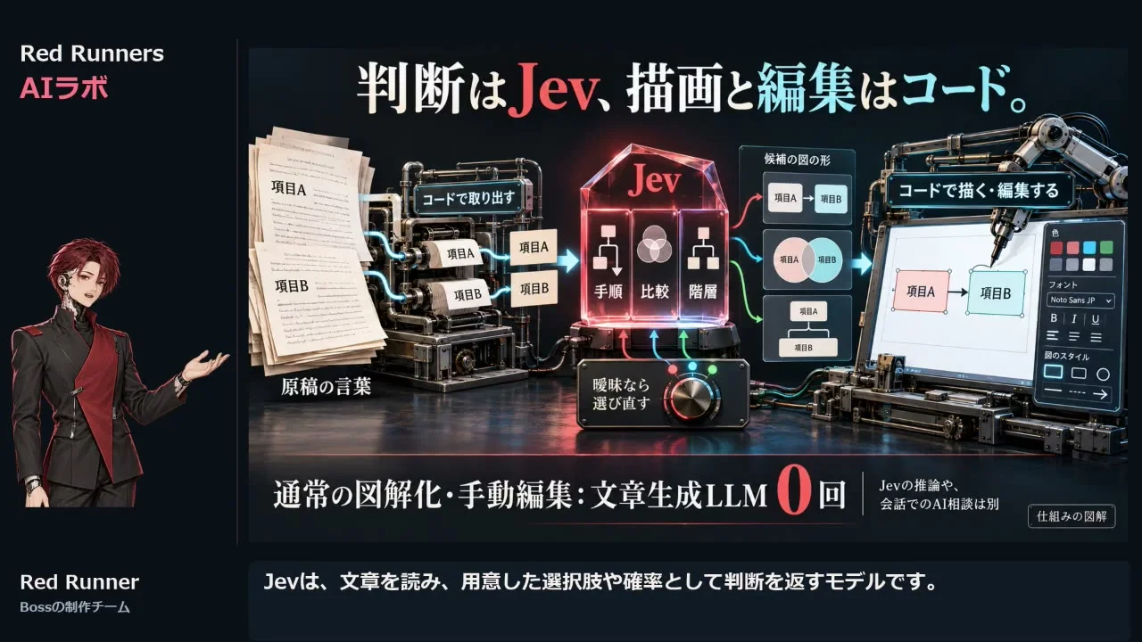 動画キャプチャ: 判断は Jev、描画と編集はコードに分けたスライド(20:15頃)