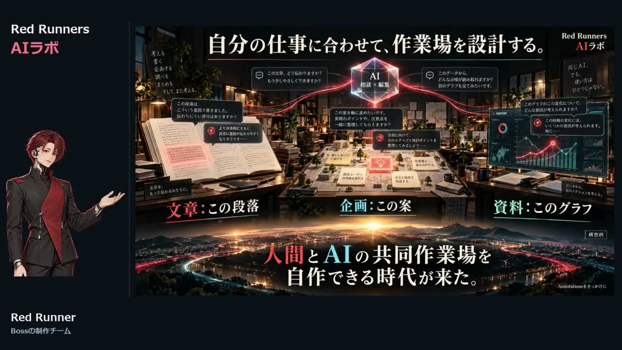 動画キャプチャ: 文章はこの段落、企画はこの案、資料はこのグラフと、指す対象を決めるスライド(24:17頃)