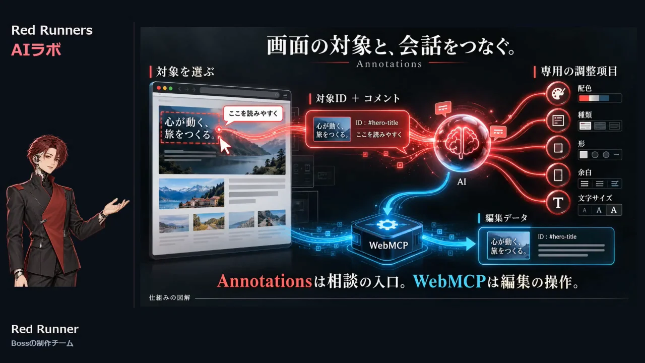 動画キャプチャ: 画面の対象と会話をつなぐスライドで、Annotations は相談の入り口、WebMCP は編集の操作と書かれている場面(15:57頃)