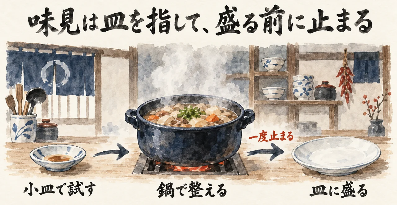 小皿で試し、鍋で整え、皿に盛る前に一度止まる、台所のたとえの図解