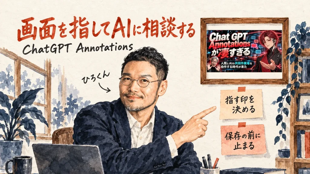 画面を指してAIに相談する、と紹介するひろくんと、壁の額に入れた動画のサムネイル