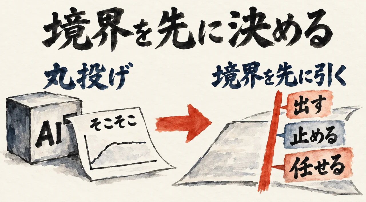 丸投げではAIの出した紙がそこそこで止まる一方、先に出す・止める・任せるの境界を引いておく流れを左右に並べた図解