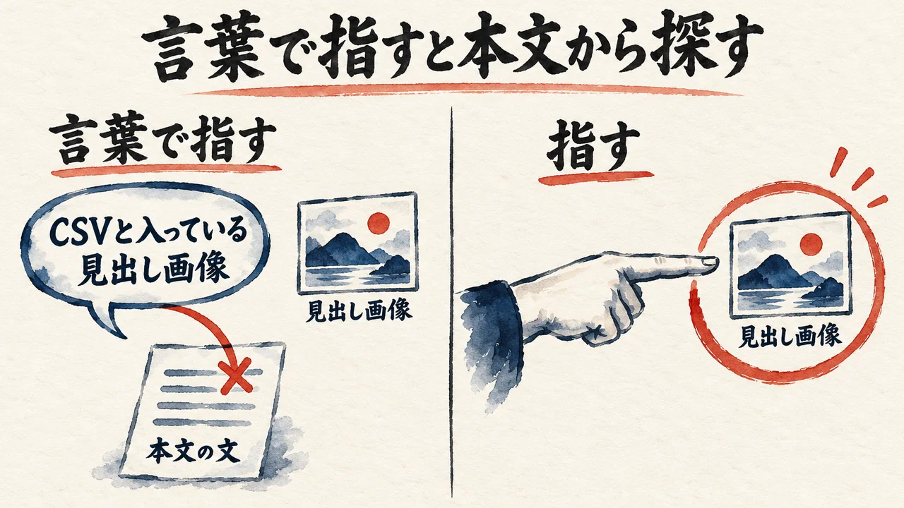 言葉で指すと本文の文のほうへ探しにいき、画面の見出し画像を指すと対象に直接届く、という違いを左右に並べた図解