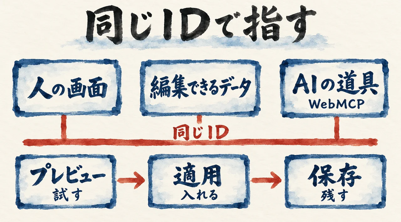 人の画面と編集できるデータとAIの道具が同じIDでつながり、プレビュー(試す)・適用(入れる)・保存(残す)と進む図解