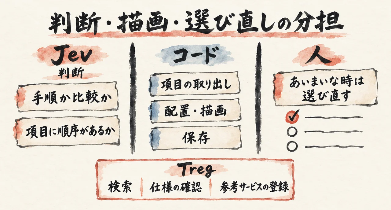 判断はJev、項目の取り出し・配置・描画・保存はコード、あいまいな時は人が選び直す、の3列と、列の外に置いたTregの小枠の図解
