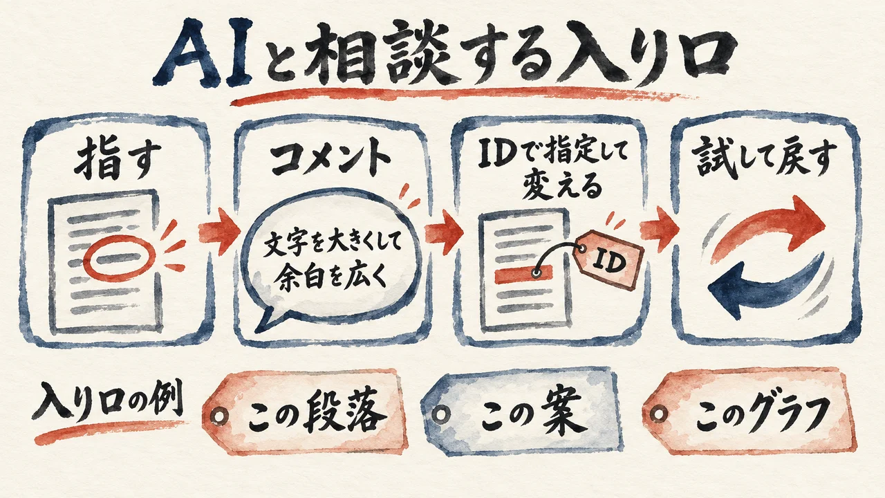 指す、コメント、IDで指定して変える、試して戻す、の4段の流れと、入り口の例(この段落・この案・このグラフ)を並べた図解