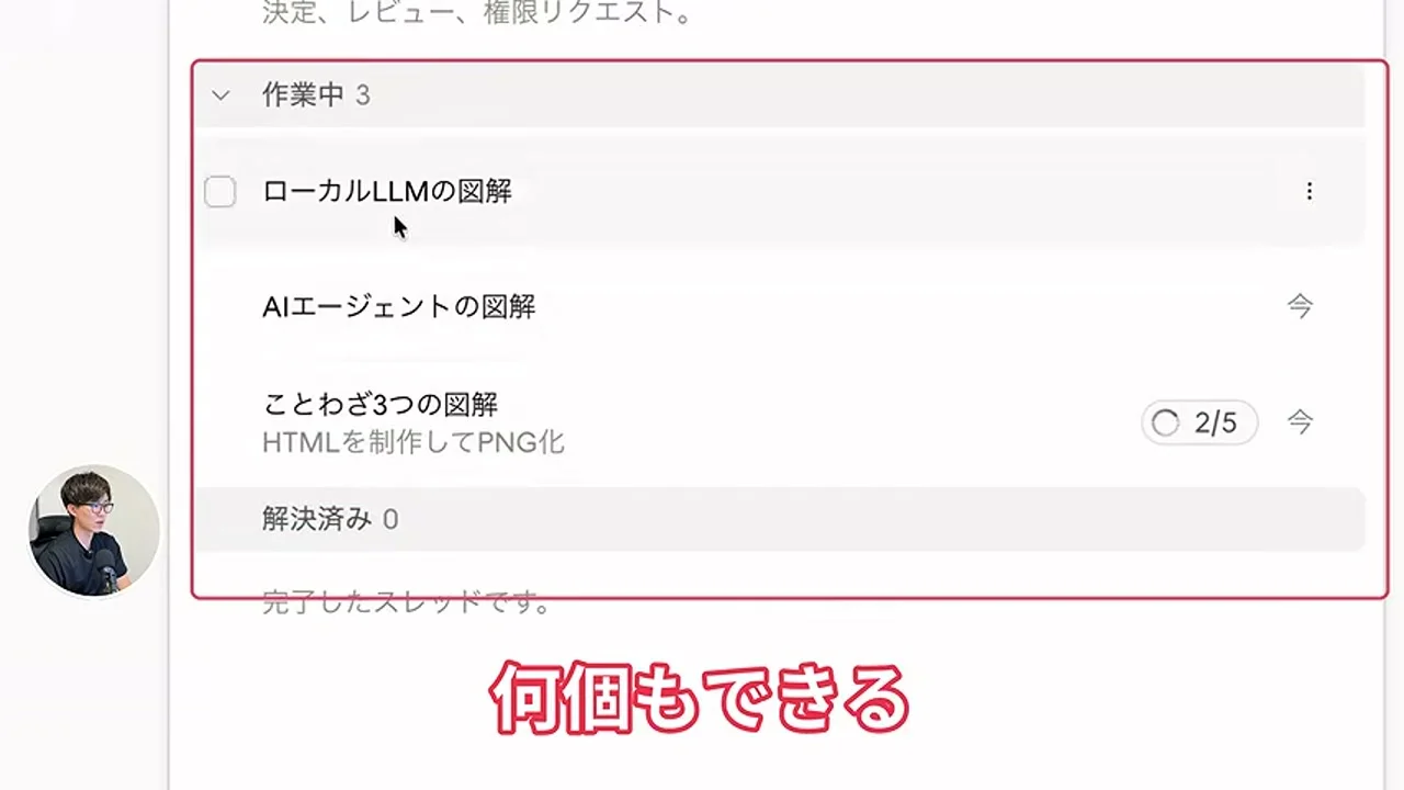 動画キャプチャ: スレッド画面で作業中が3つ。ローカルLLMの図解、AIエージェントの図解、ことわざ3つの図解が並んで動き、解決済みは0（17:40頃）