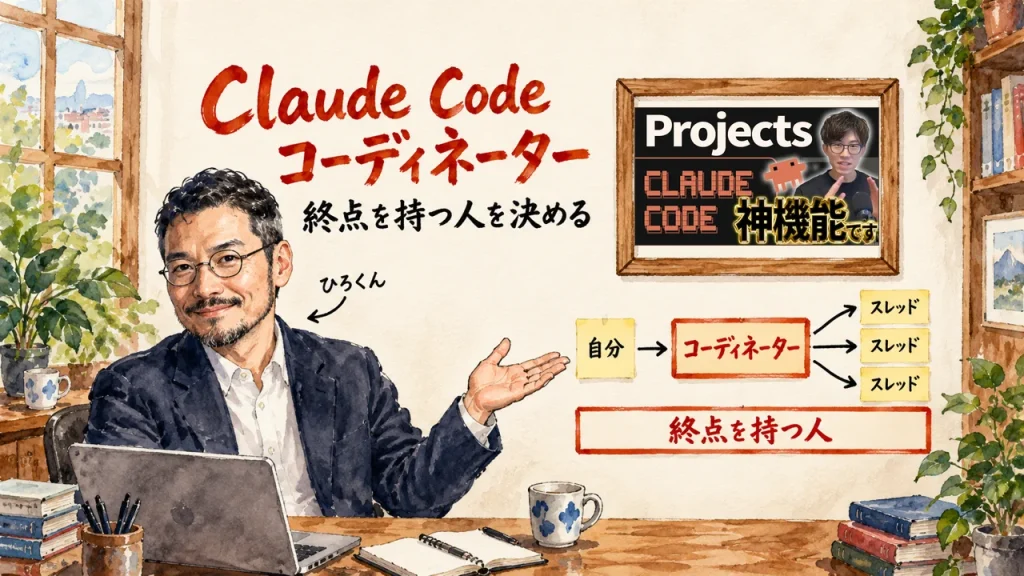 ひろくんが笑顔で、自分からコーディネーターを通して3つのスレッドへ分かれる図と、終点を持つ人の帯を紹介している。筆文字はClaude Code コーディネーター。壁に動画のサムネイル