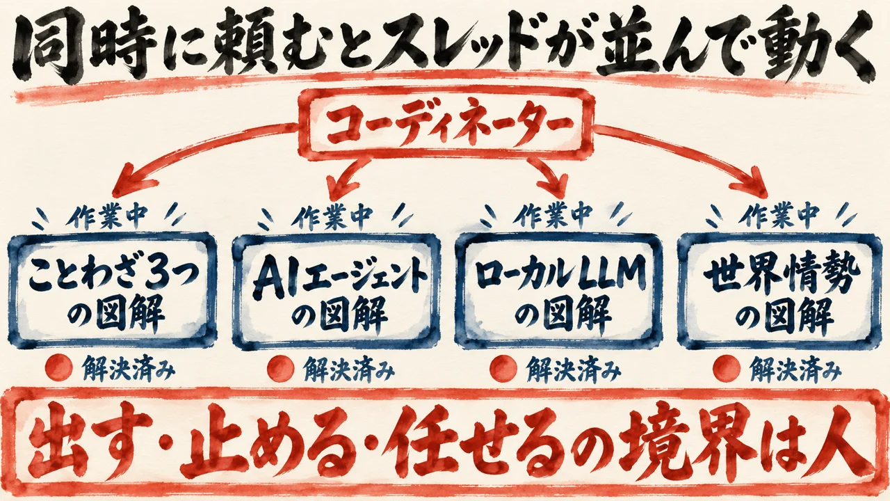 コーディネーター1つから、ことわざ3つ・AIエージェント・ローカルLLM・世界情勢の4つの図解のスレッドが並んで作業中になり、出す・止める・任せるの境界は人、という図