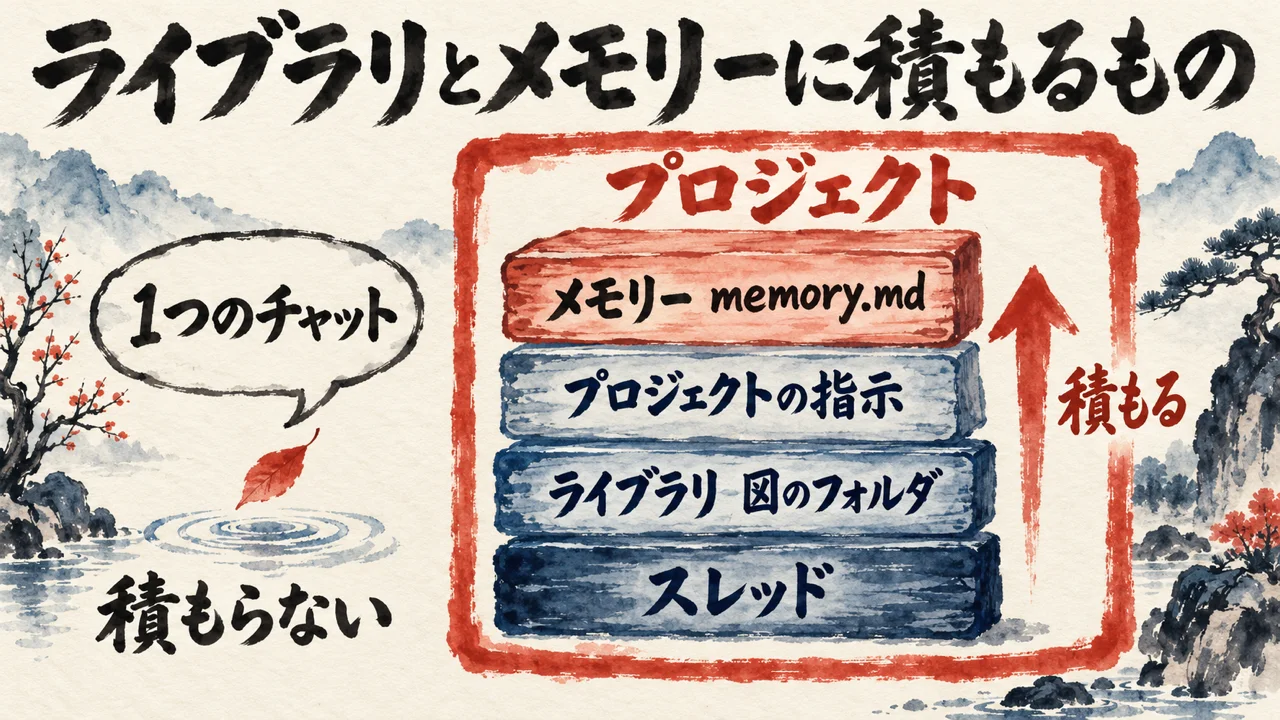 プロジェクトの箱の中に、スレッド・ライブラリ・プロジェクトの指示・メモリーが積もる図と、積もらない1つのチャットの対比。タイトルはライブラリとメモリーに積もるもの