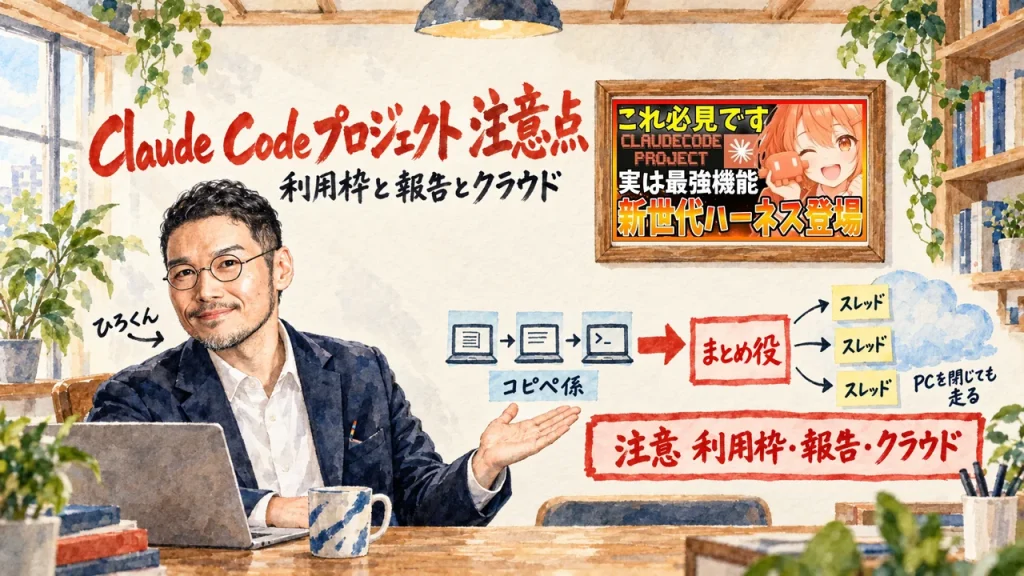 並列のセッションの間をコピペ係が運ぶ形から、まとめ役が3つのスレッドを回し、PCを閉じても走る形への図と、注意の帯の利用枠・報告・クラウドを、ひろくんが笑顔で紹介している。筆文字はClaude Code プロジェクト 注意点。壁に動画のサムネイル