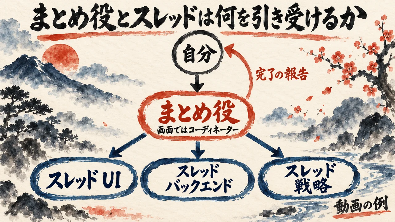 自分の下にまとめ役（画面ではコーディネーター）が1つ、その下にUI・バックエンド・戦略のスレッドが3つ並び、まとめ役から自分へ完了の報告が戻る階層の図解
