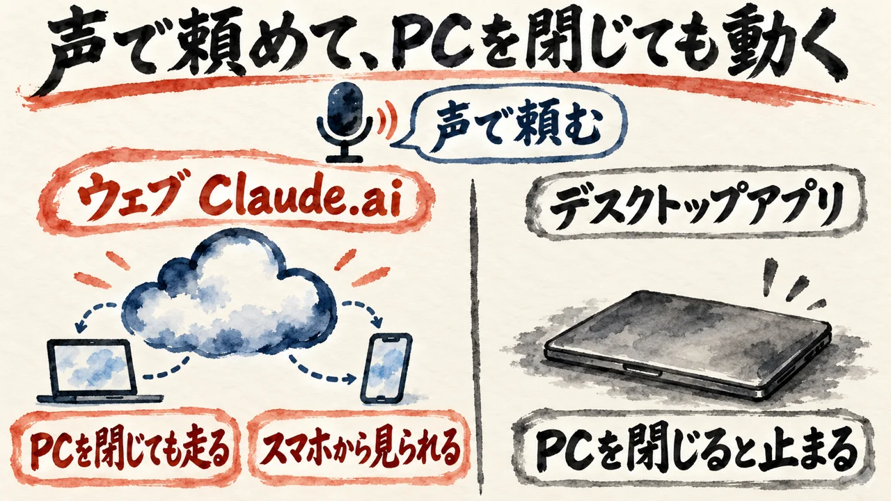 声で頼む吹き出しの下に、ウェブのClaude.aiはPCを閉じても走りスマホから見られる、デスクトップアプリはPCを閉じると止まる、を2列で比べた図解