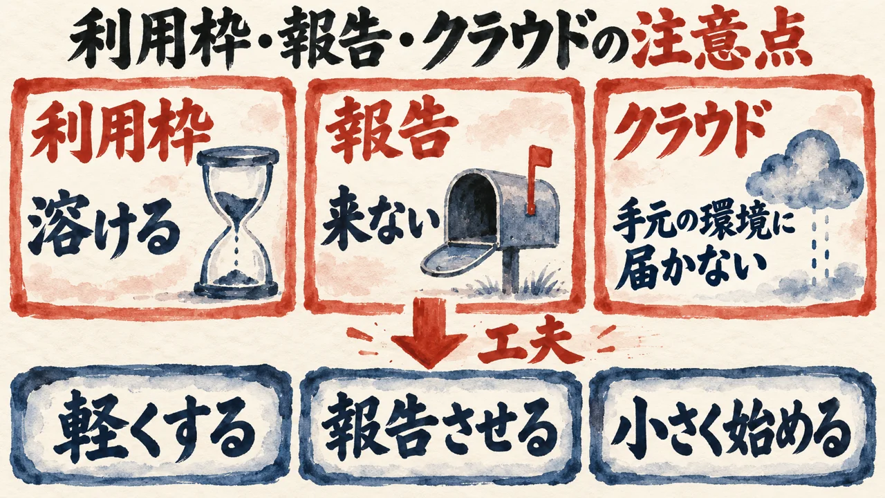 利用枠が溶ける、報告が来ない、クラウドで手元の環境に届かない、の3つの注意と、工夫の軽くする・報告させる・小さく始めるを上下に並べた図解