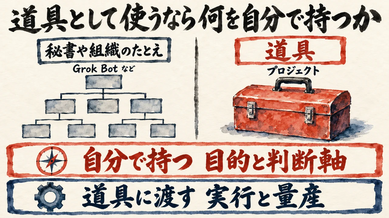 秘書や組織のたとえ（Grok Botなど）と道具（プロジェクト）を比べ、自分で持つのは目的と判断軸、道具に渡すのは実行と量産、と2段に分けた図解