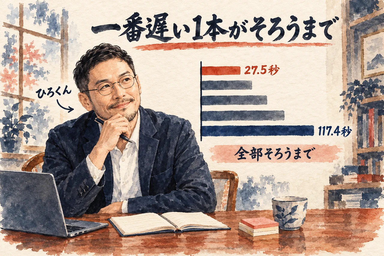ひろくんが机でノートを開き、27.5秒で返った1本目から117.4秒かかった5本目まで、長さの違う5本の棒を見て考えている絵