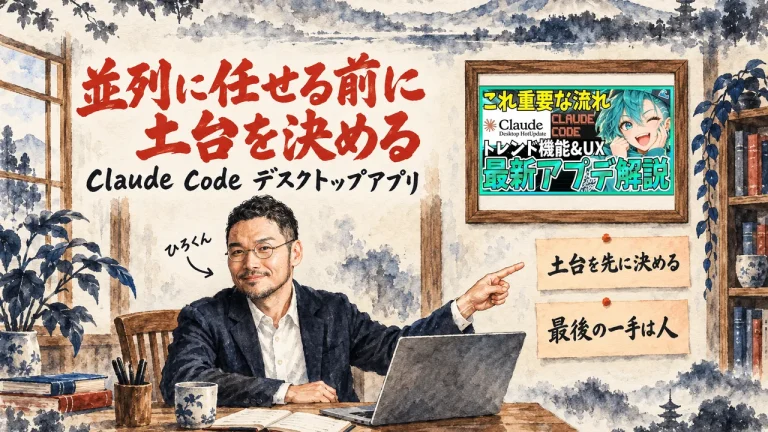 ひろくんが壁の付箋を指して、並列に任せる前に土台を決める、と伝えるアイキャッチ。筆文字は並列に任せる前に土台を決める。壁に動画のサムネイル