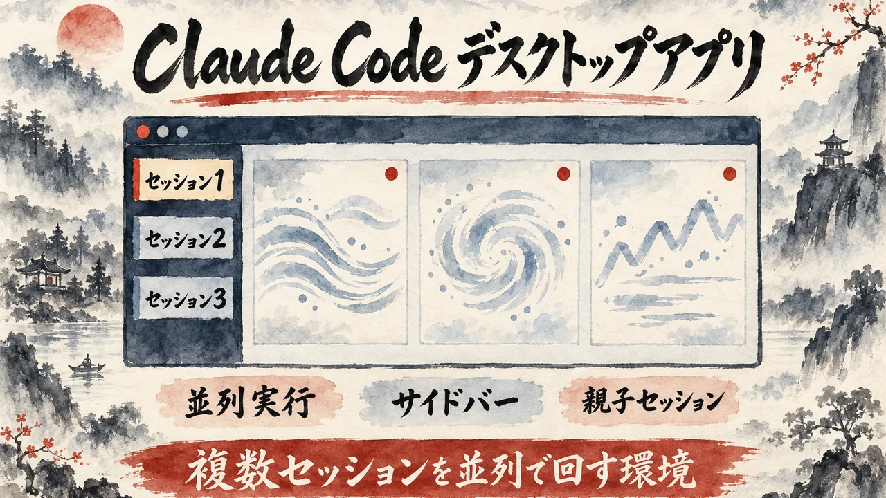 Claude Codeデスクトップアプリの窓の左のサイドバーにセッション1から3が並び、右に3枚の小窓が同時に動いている、複数セッションを並列で回す環境の図解
