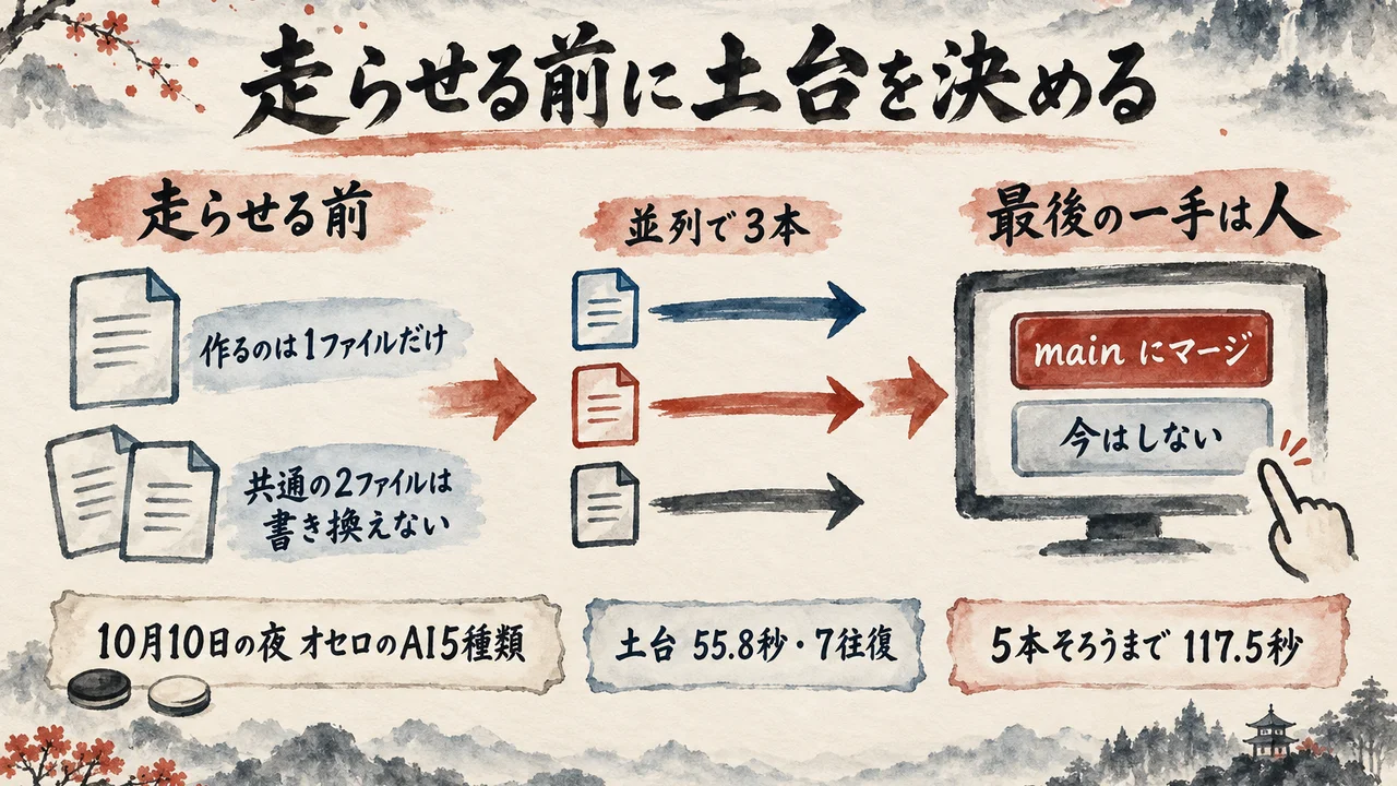 走らせる前に2つの決まりを置き、3本を並列で走らせ、main にマージするかどうかの最後の一手は人が決める流れに、オセロのAI5種類の記録を添えた図解
