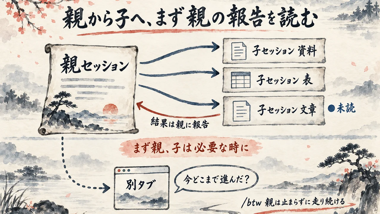 親セッションから資料・表・文章の3つの子セッションが分かれて結果が親に戻り、途中の様子は /btw で別タブから聞ける関係の図解