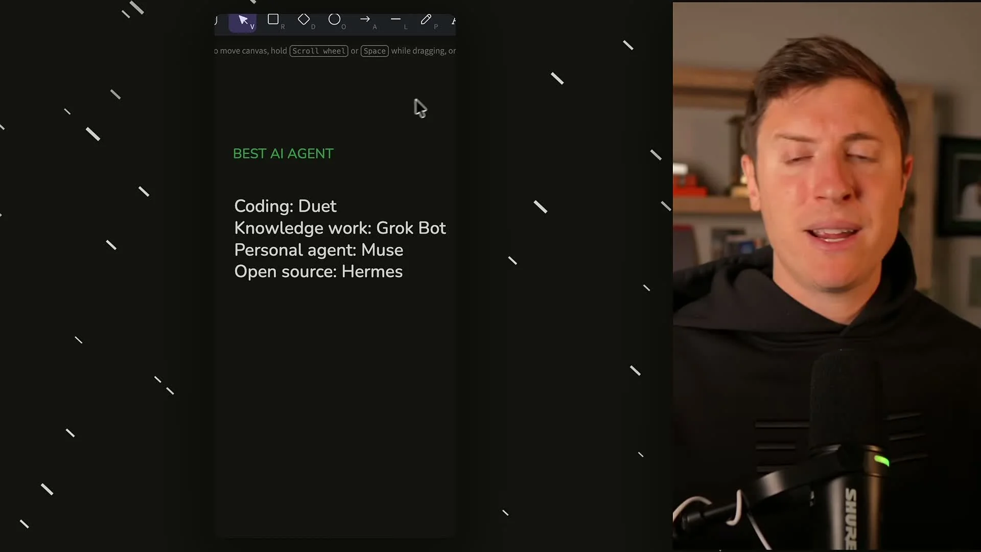 動画キャプチャ: ホワイトボードに並ぶ使い分け。Coding は Duet、Knowledge work は Grok Bot、Personal agent は Muse、Open source は Hermes（17:17頃）