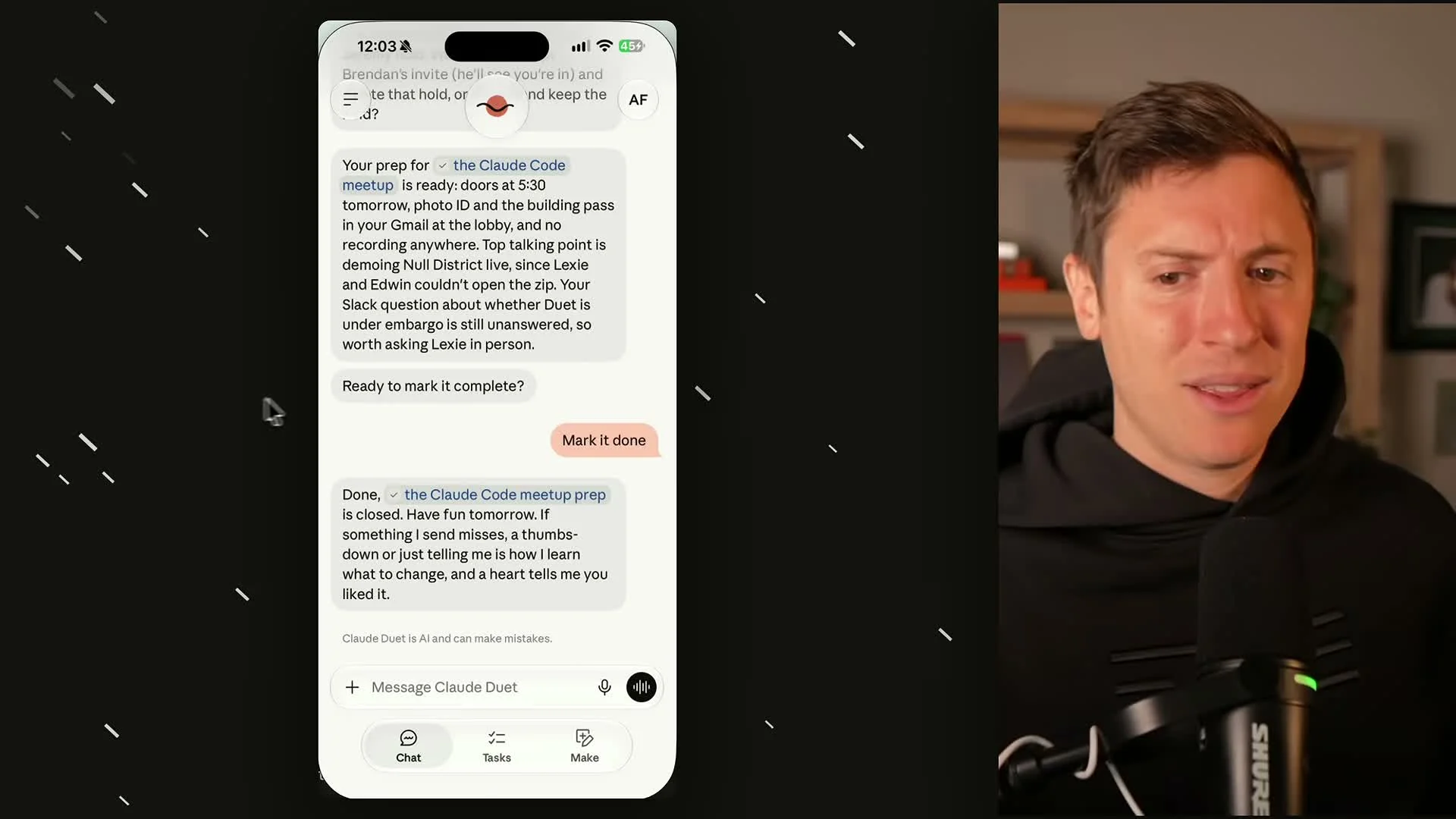 動画キャプチャ: Duet の会話画面で、やることを「Mark it done」と伝えて完了にする場面（0:29頃）