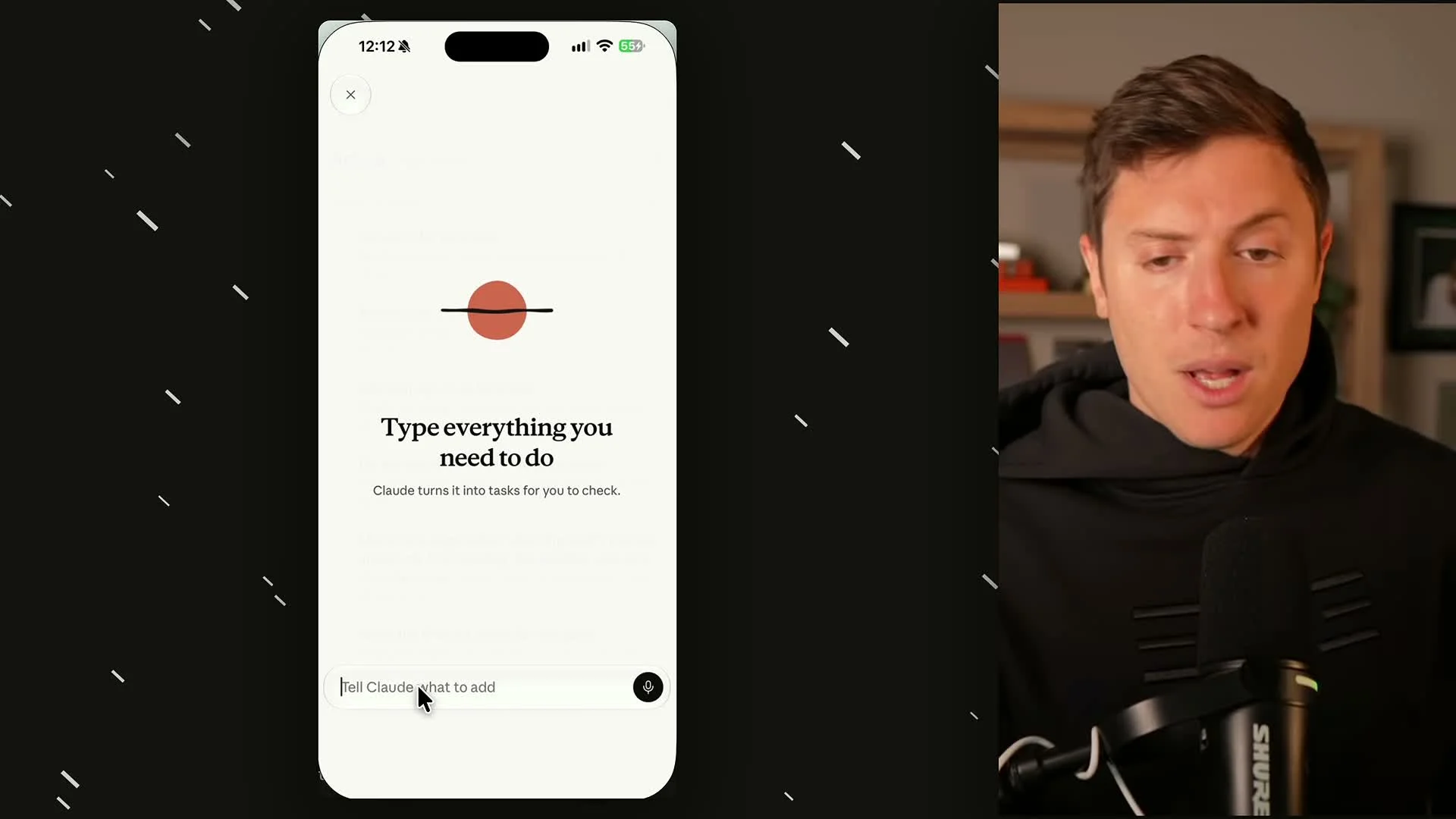 動画キャプチャ: 「Type everything you need to do」と出る、頭の中を全部入れる入力画面（6:20頃）