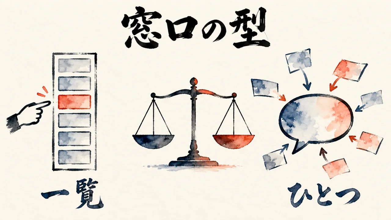 左に一覧から相手を選ぶ手、右にひとつの会話の吹き出し、真ん中に天秤を置き、窓口の2つの型を比べた図解