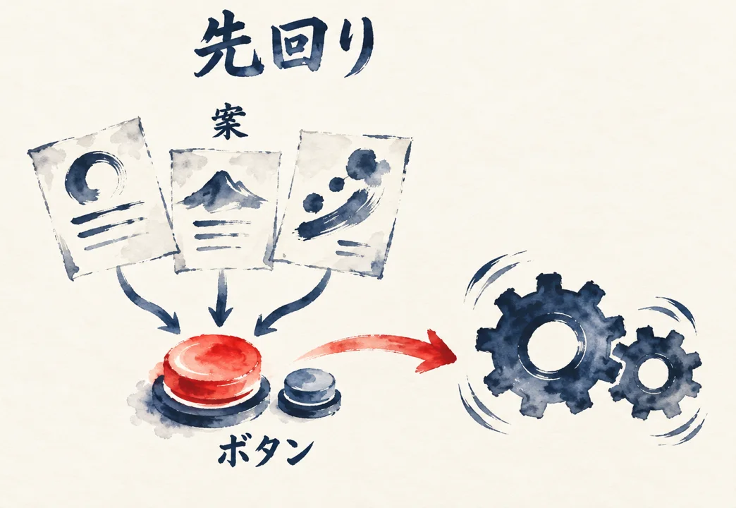 案の札が3枚並び、ボタンを押すと歯車が回り出す先回りの流れを描いた図解