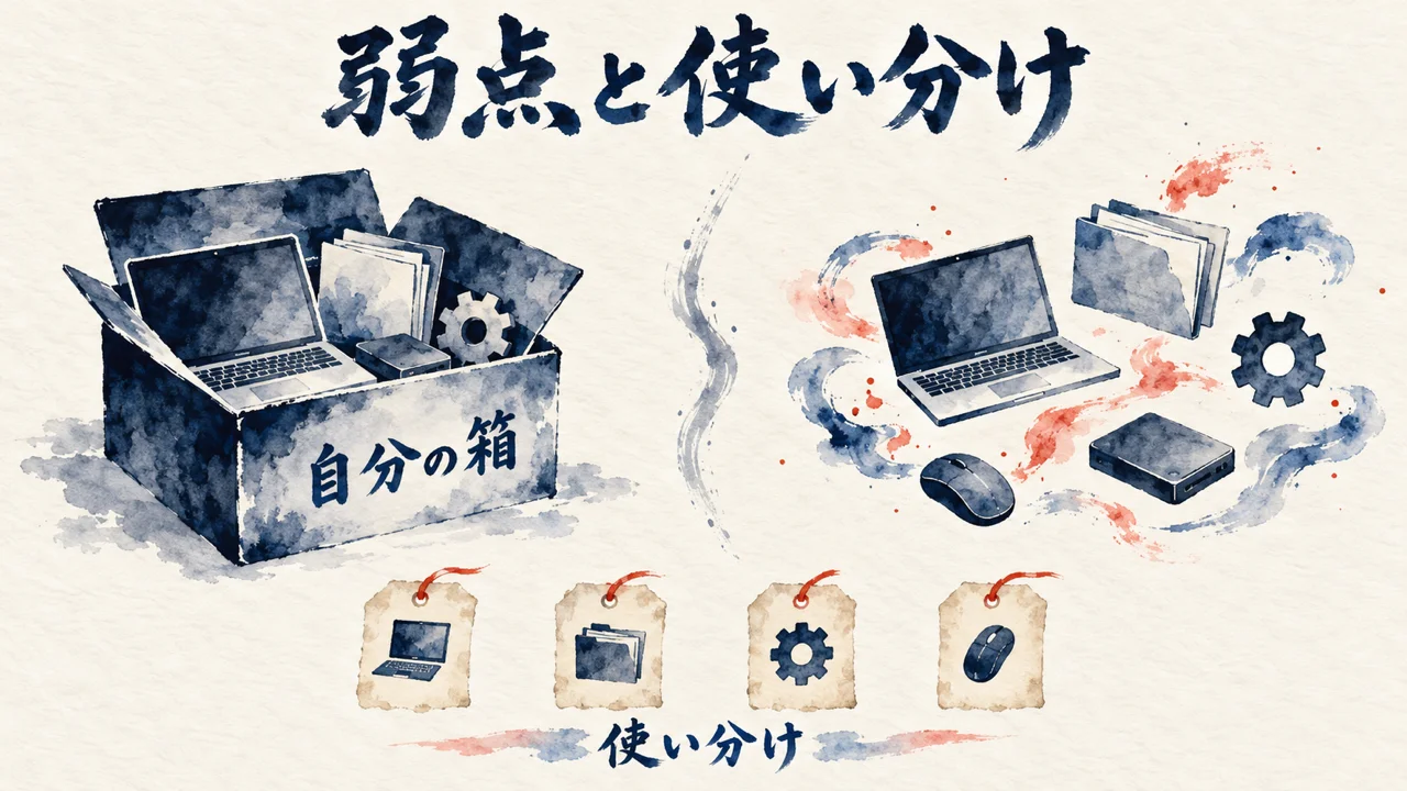 左に自分の箱に道具が収まる型、右に箱が無く道具が宙に浮く型、下に使い分けの4つの札を並べた図解
