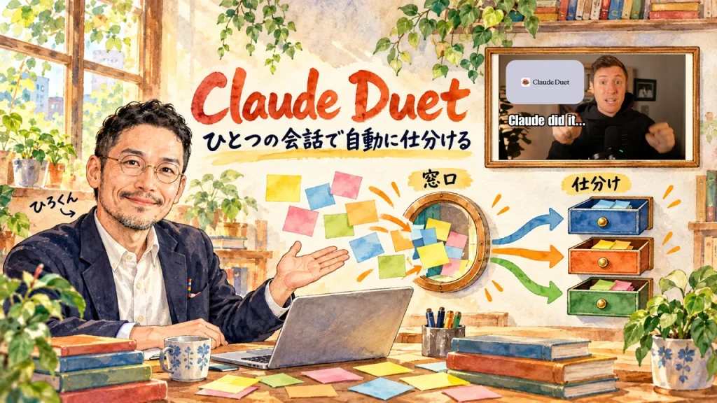 Claude Duet の筆文字の題字の下で、ひろくんが、窓口に付箋が集まり三つの引き出しへ仕分けされる図を紹介している水彩の場面。壁に動画のサムネイル