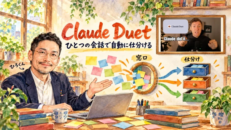 Claude Duet の筆文字の題字の下で、ひろくんが、窓口に付箋が集まり三つの引き出しへ仕分けされる図を紹介している水彩の場面。壁に動画のサムネイル