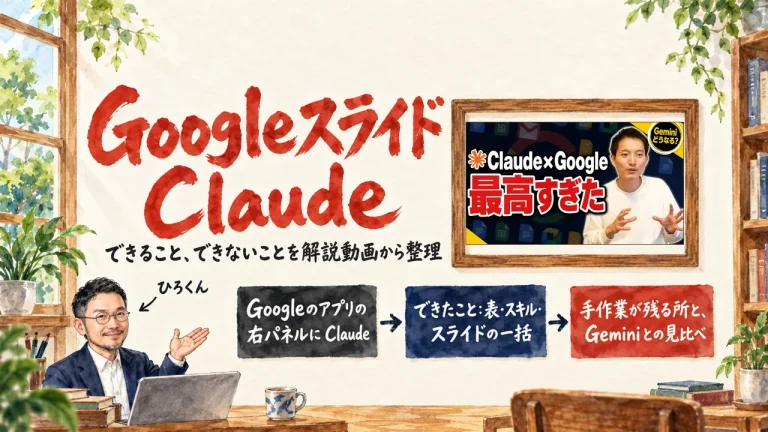 アイキャッチ: Googleのアプリの右パネルに Claude を入れる流れ、できたこと、手作業が残る所と Gemini との見比べの3つと、額縁に KEITOさんの動画のサムネイル