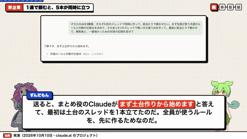 動画キャプチャ: Claudeが「了解です。まず土台作りから始めます」と答え、共通ルールと対戦の仕組みの土台を最初に立てる画面（2:24頃）