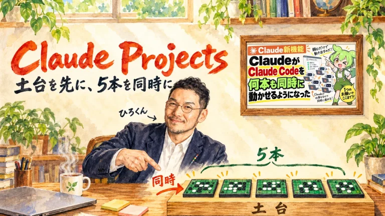 ひろくんが机の上の土台の板に並んだ5つのオセロの盤を指さし、Claude Projectsの実演を再現したことを紹介するアイキャッチ。壁に動画のサムネイル