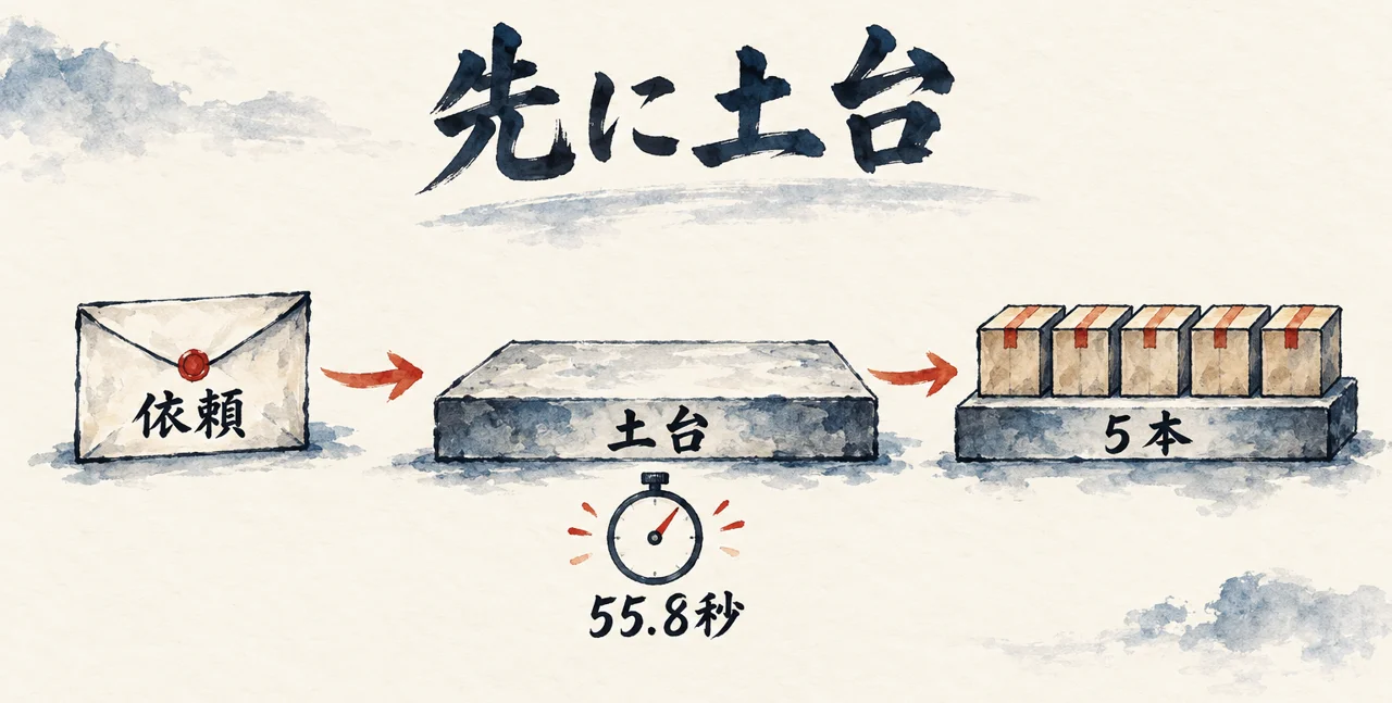 1通の依頼から、まず土台の板を作り（55.8秒）、その上に5本の小さな箱が並ぶ流れを示した図解