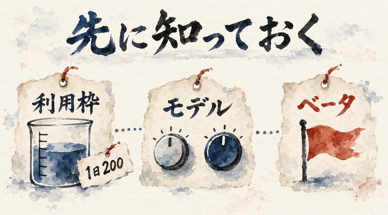 利用枠（1日200）、モデルのつまみ、ベータの旗の3つの札を並べた、使う前に知っておくことの図解