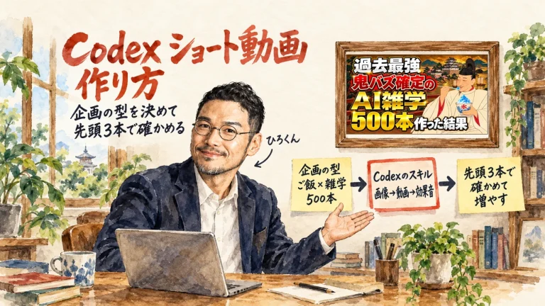 企画の型、Codexのスキル、先頭3本で確かめて増やす、の3つの付箋を指して、ひろくんが笑顔で紹介している。筆文字はCodex ショート動画 作り方。壁に動画のサムネイル