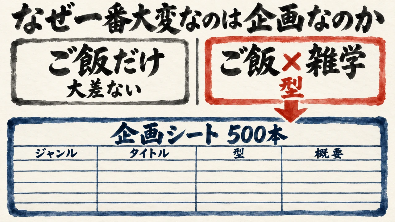 ご飯だけでは大差ないが、ご飯と雑学を掛けた型にすると企画シート500本につながる、という図解