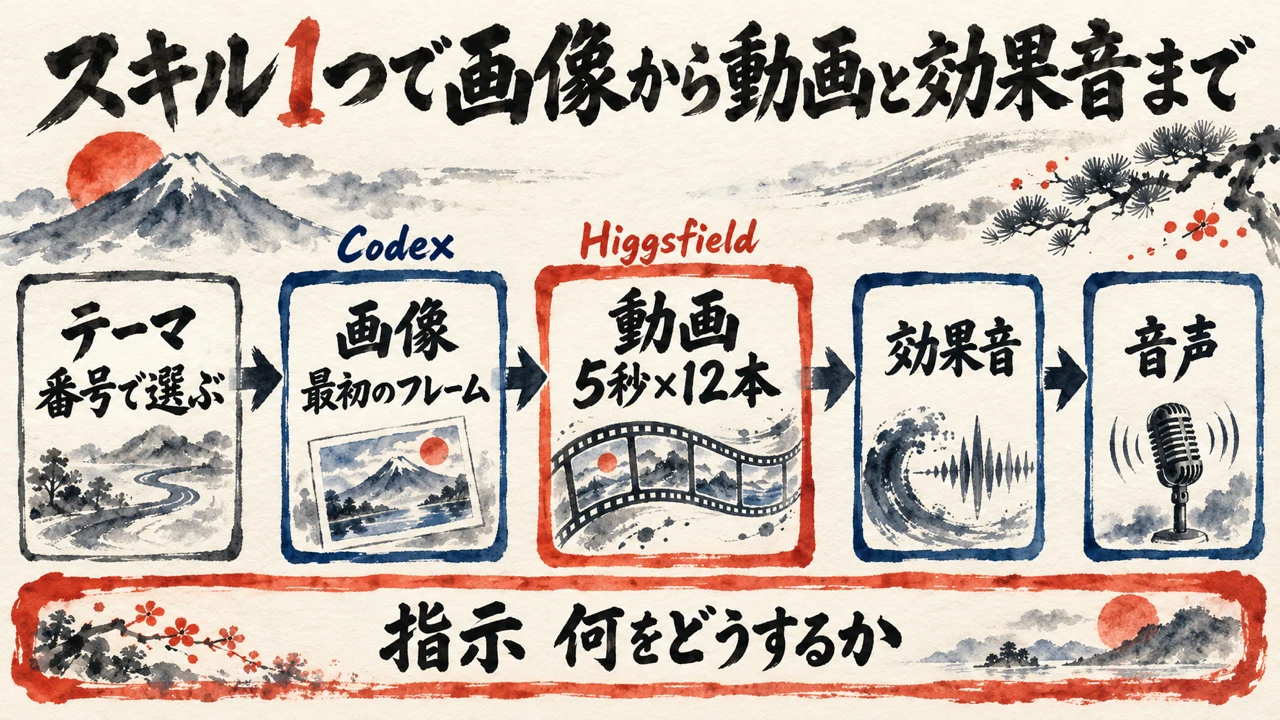 テーマを番号で選び、Codexで画像、Higgsfieldで5秒12本の動画、効果音、音声へ進む流れと、下に指示の帯を置いた図解