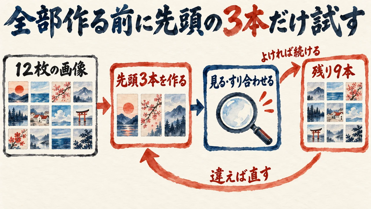 12枚の画像から先頭3本を作り、見てすり合わせ、よければ残り9本へ、違えば直す、という図解